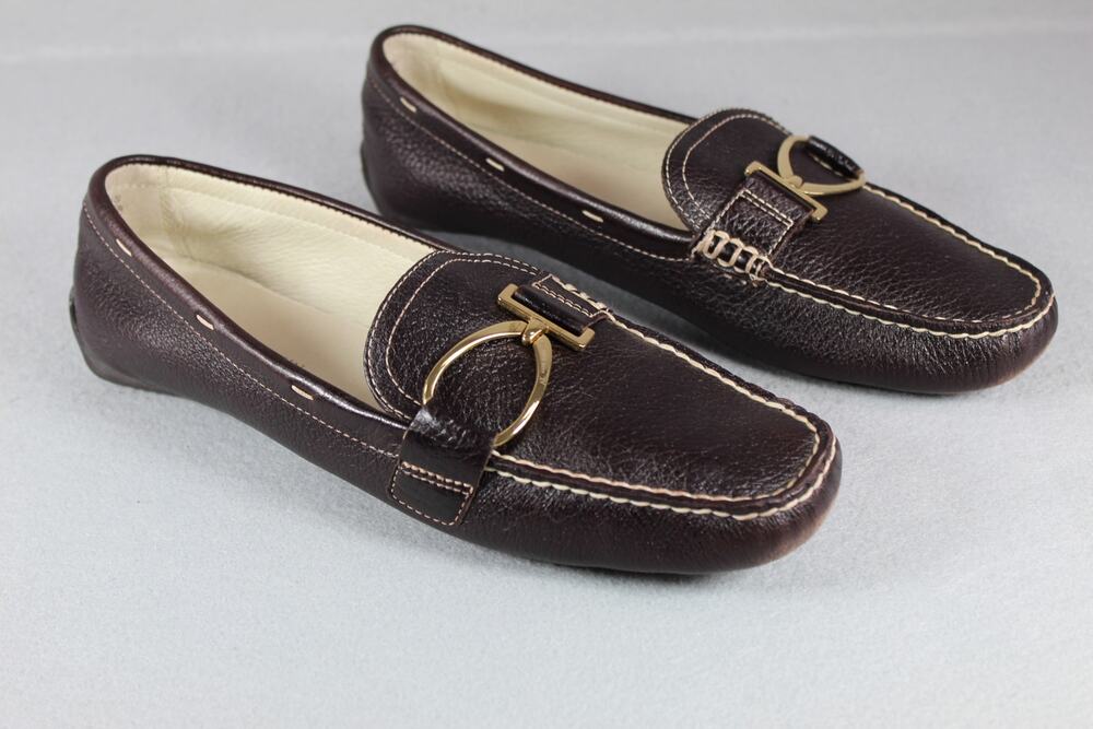 Anne Klein Davis Brown Pebbled Leather Loafers Women's 8.5 Gold Bit Slip On